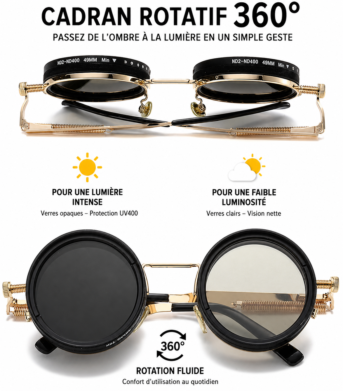 Lunettes de soleil ND réglables à 9 vitesses avec changement de couleur rotatif.
